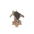 Traditional Wooden Garden Ornament with Decorative Roof Carved Details and Water Wheel Bucket