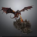 Red Winged Dragon Breathing Fire Over Detailed Medieval Castle Model