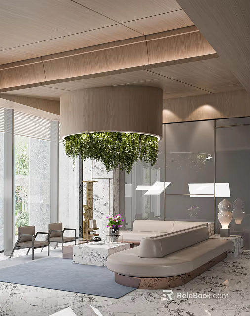 Hotel Public Lounge With Wooden Ceiling Hanging Green Plant Chandelier Large Windows Sofa And Chairs 3d model 