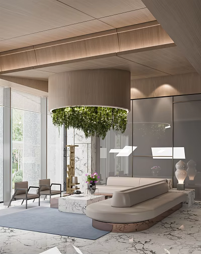 Hotel Public Lounge With Wooden Ceiling Hanging Green Plant Chandelier Large Windows Sofa And Chairs 3d model