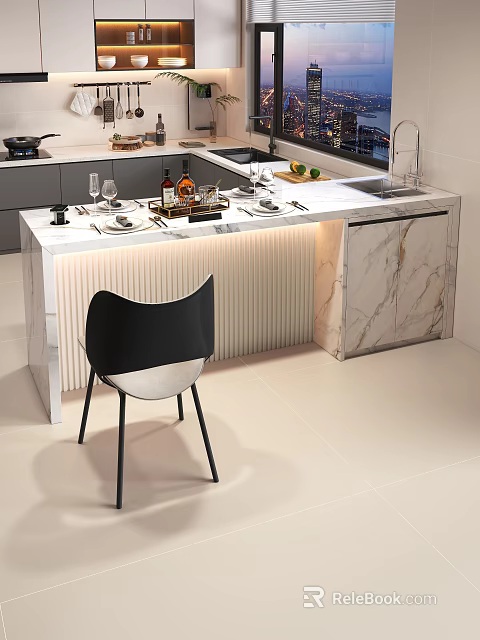Modern Bar Counter Design With Marble Top Wine Glasses Bottles Tableware And Black Chair 3d model 