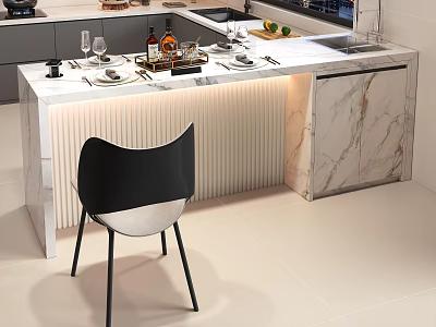 Modern Bar Counter Design With Marble Top Wine Glasses Bottles Tableware And Black Chair 3d model