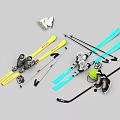 Essential Winter Sports Equipment Including Skis Poles Ice Skates Hockey Stick And Ball