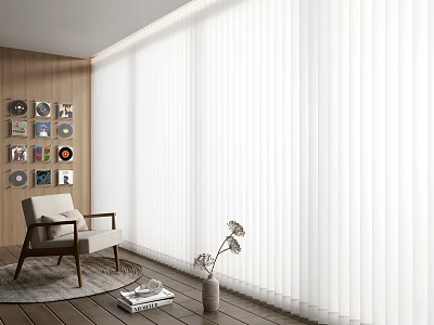 White Vertical Blinds In Modern Living Room Interior With Wooden Wall Armchair And Decorative Frames 3d model