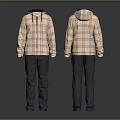 Hooded Plaid Jacket And Dark Pants Front Back View Fashion Casual Outfit