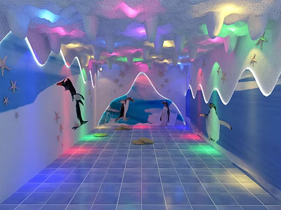 Beauty Hair Salon Interior With Penguin Decor Colorful Lights And Tiled Floor 3d model