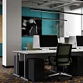 Modern Bright Public Office Space With Work Desks Computer Monitors Ergonomic Chairs And Large Windows 3d model