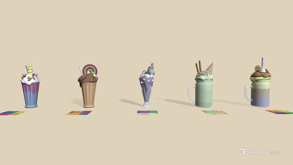 Colorful Ice Cream Milkshakes in Different Cups with Various Flavors and Toppings 3d model 