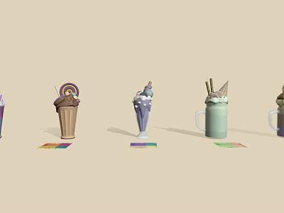 Colorful Ice Cream Milkshakes in Different Cups with Various Flavors and Toppings 3d model