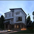 Modern Detached Villa With Large Glass Windows Green Trees Garden And Outdoor Lighting