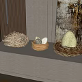 Woven Nest Decorative Ornament Set With Eggs On Display Platform And Abstract Painting