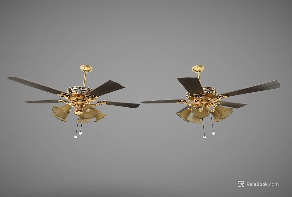 Modern Ceiling Fans With Gold Base Black Blades And Chandelier Lights 3d model 