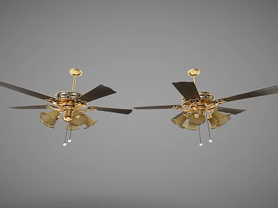 Modern Ceiling Fans With Gold Base Black Blades And Chandelier Lights 3d model