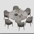 Luxury Modern Round Marble Dining Table Set With Six Chairs And Decorative Plants 3d model