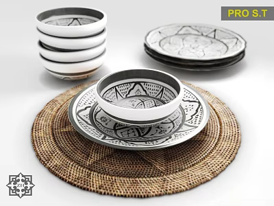Black And White Patterned Bowls And Plates Arranged On Woven Mat 3d model