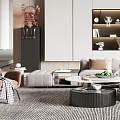 Modern Living Room Interior Design With Light Beige Sofa Wooden Elements And Herringbone Rug