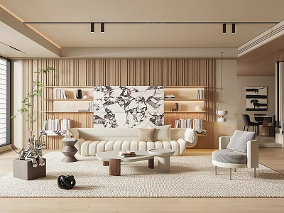 Modern Living Room Interior With Wooden Wall Panels White Sofa And Decorative Artwork 3d model