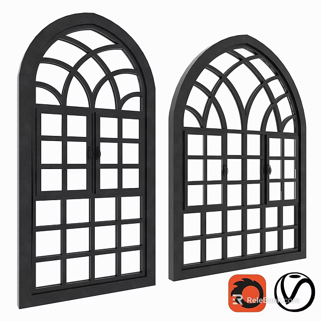 Black Arch Top Casement Windows with Grid Pane Design and Modern Style 3d model 