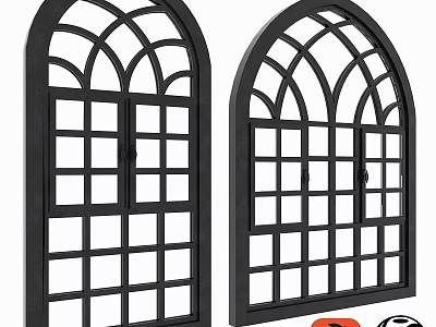 Black Arch Top Casement Windows with Grid Pane Design and Modern Style 3d model