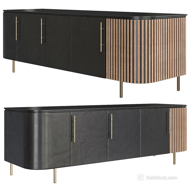 Modern TV Stand With Black Cabinet Doors Wooden Stripes And Metal Legs 3d model 