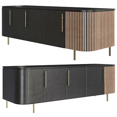 Modern TV Stand With Black Cabinet Doors Wooden Stripes And Metal Legs 3d model