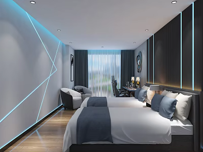 Modern Hotel Room Interior With Geometric Lines Blue Ambient Lighting Twin Beds Sofa And Desk 3d model