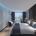 Modern Hotel Room Interior With Geometric Lines Blue Ambient Lighting Twin Beds Sofa And Desk