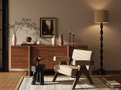 Stylish Lounge Chair With Wooden Sideboard Floor Lamp And Area Rug In Living Room 3d model