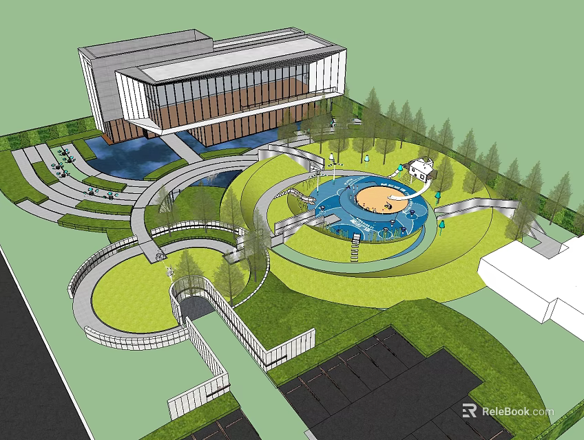 Modern Landscape Design With Circular Plaza Water Pond Pathways Trees And Lawn Areas 3d model 