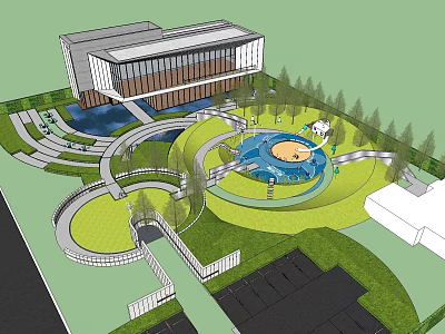 Modern Landscape Design With Circular Plaza Water Pond Pathways Trees And Lawn Areas 3d model
