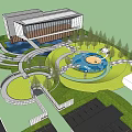 Modern Landscape Design With Circular Plaza Water Pond Pathways Trees And Lawn Areas