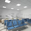 Medical Waiting Area With Blue Chairs Hospital Beds And Ceiling Lights