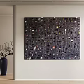 Abstract Collage Art Painting On Wall With Black Vase And Twig Branches