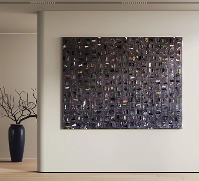 Abstract Collage Art Painting On Wall With Black Vase And Twig Branches 3d model