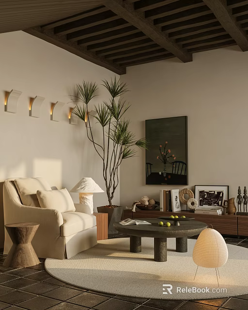 Cozy Modern Lounge Room Interior With Beige Sofa Table Lamp Tall Plant And Wall Painting 3d model 