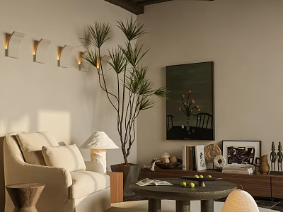Cozy Modern Lounge Room Interior With Beige Sofa Table Lamp Tall Plant And Wall Painting 3d model