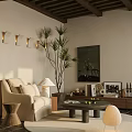 Cozy Modern Lounge Room Interior With Beige Sofa Table Lamp Tall Plant And Wall Painting