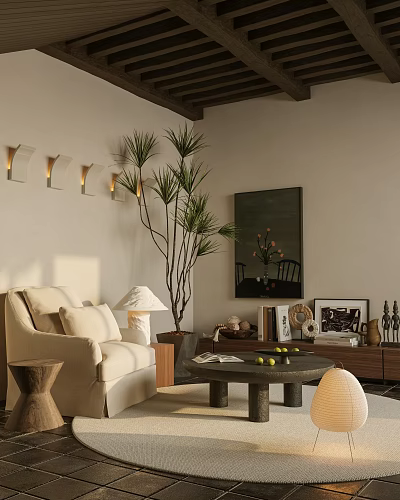 Cozy Modern Lounge Room Interior With Beige Sofa Table Lamp Tall Plant And Wall Painting 3d model