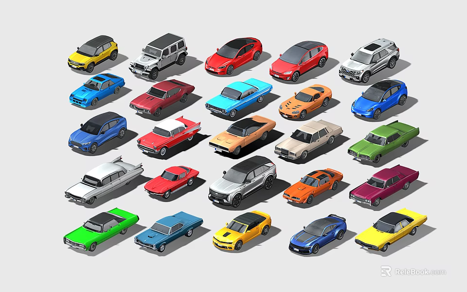 Colorful Collection of Various Classic and Modern Cars in Different Styles 3d model 