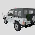 White Utility Vehicle With Black Roof Red Warning Light Front Grille And Off Road Tires