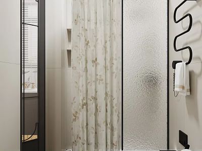 Bright Modern Bathroom With Frosted Shower Partition And Elegant Floral Printed Bath Curtain Design 3d model