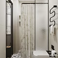 Bright Modern Bathroom With Frosted Shower Partition And Elegant Floral Printed Bath Curtain Design