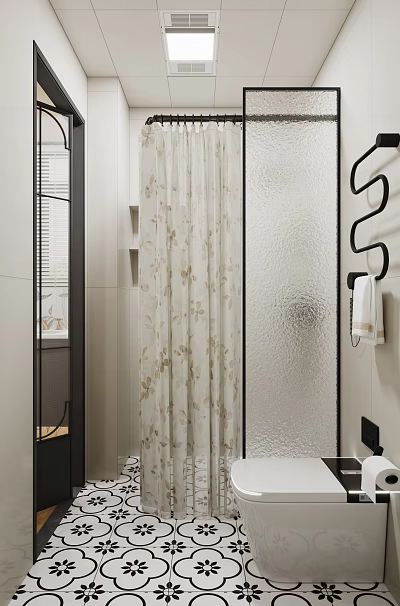 Bright Modern Bathroom With Frosted Shower Partition And Elegant Floral Printed Bath Curtain Design 3d model