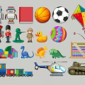 Children's Toy Silhouette With Robots Balls Kites Dinosaurs Blocks And Vehicles