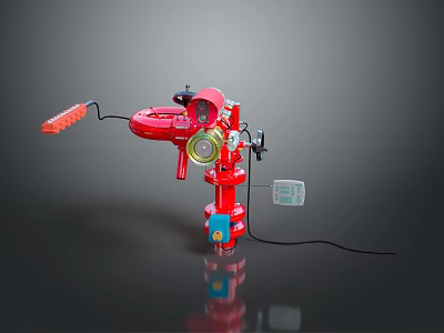 Red Industrial Fire Monitor With Pressure Gauge Control Panel Handle And Cable 3d model