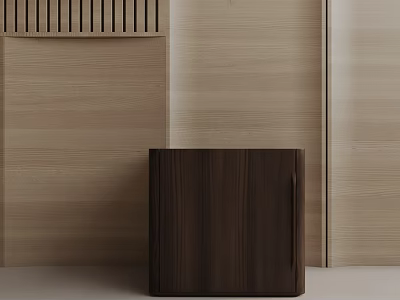 Dark Wood Bedside Table Against Light Wood Wall And Door Panel 3d model