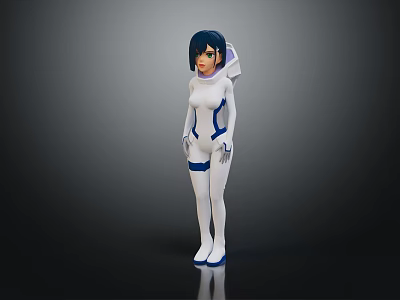 Anime Style Female Character With Short Hair In White And Blue Tight Fitting Suit 3d model