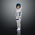 Anime Style Female Character With Short Hair In White And Blue Tight Fitting Suit