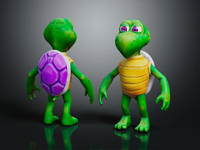 Playful Cartoon Turtle Characters Featuring Purple Shell And Yellow Shell With Green Bodies 3d model