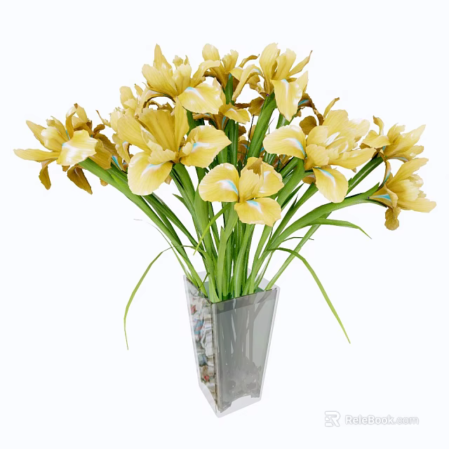 Beautiful Yellow Iris Flowers in Modern Gray Vase with Green Leaves 3d model 